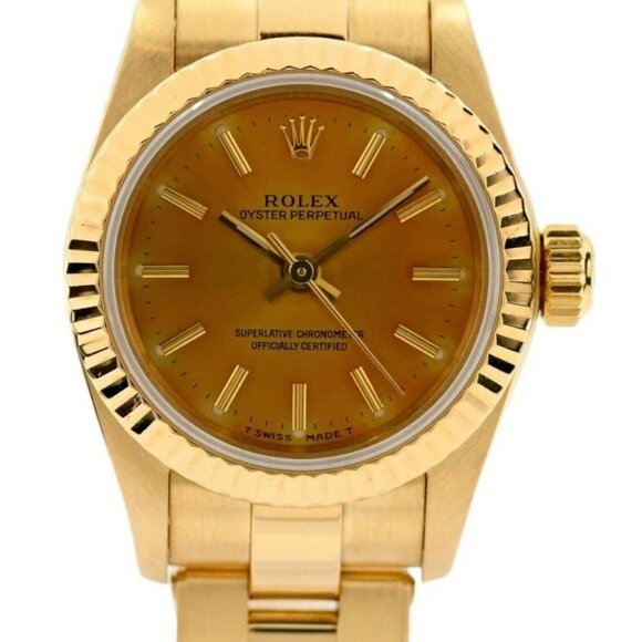 Rolex 24mm Ladies Oyster Perpetual Solid 18k Yellow Gold Tropical Dial Ref 67198 - Picture 1 of 10